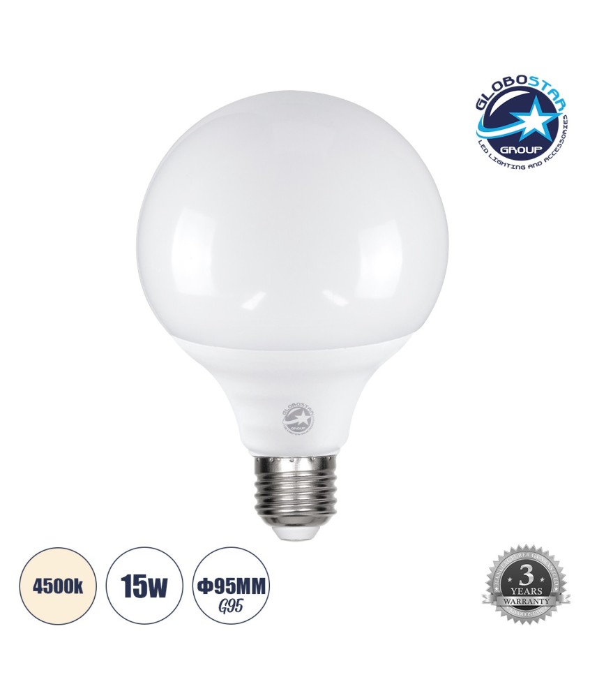 GLOBOSTAR® BUBBLE 60040 Λάμπα E27 G95 LED 15W 1455lm 260° AC 220-240V IP20 Φυσικό Λευκό 4500K - Lumileds SMD Chip - Λευκό Γαλακτερό - Μ9.5 x Π9.5 x Υ14cm - 3 Χρόνια Εγγύηση